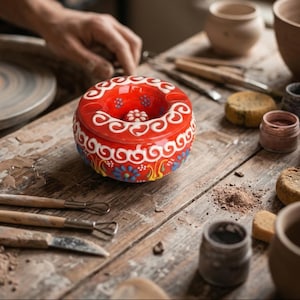 May include: A handcrafted, round red ceramic ashtray with white and blue floral designs. The ashtray is on a wooden surface, surrounded by pottery tools and materials, suggesting a pottery studio setting.