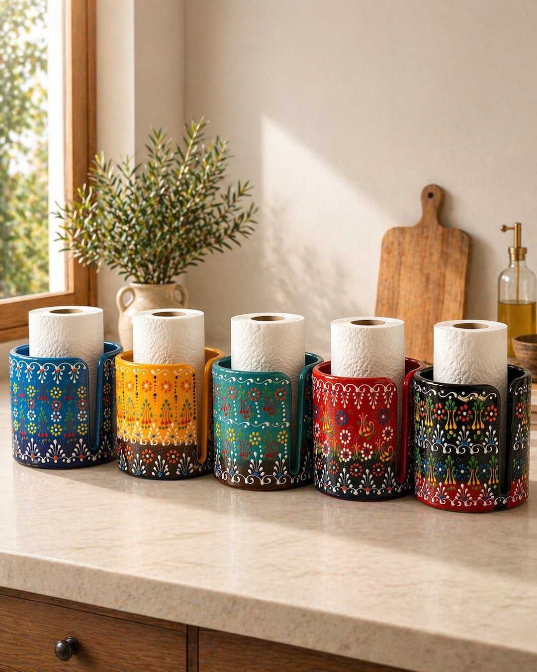 LG-Teal Hand-Painted Floral Ceramic Paper Towel Holder