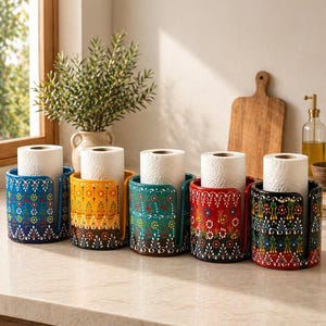May include: Five colorful ceramic toilet paper holders with intricate floral patterns. Each holder is a different color: blue, yellow, teal, red, and black. The holders are arranged on a countertop, each holding a roll of white toilet paper.