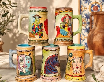 Handmade Ceramic Beer Mug, Picasso Beer Mug, Cubist Coffee Mug, 500ml Beer Stein, Modern Art Mug, Unique Gift For Him