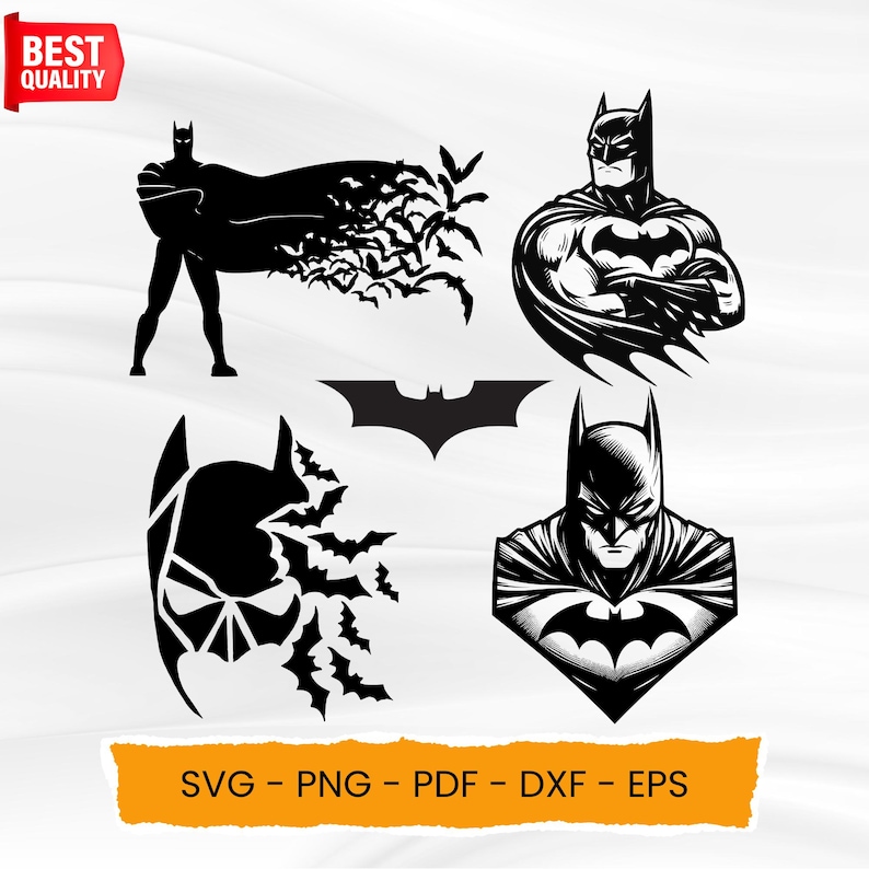 May include: A set of five black and white vector illustrations of Batman. The illustrations include Batman with his cape flowing behind him, Batman with his arms crossed, Batman's bat symbol, Batman's head with his cape, and Batman's head with his cape and bat symbol.