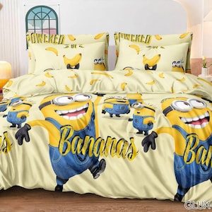 Kids Satin Bedding Set – Yellow Cartoon Characters – 1.5 Size – Gift for Boys or Girls – Made in Ukraine