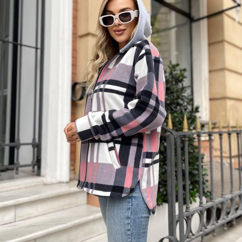 Women's Autumn Thanksgiving Plaid Zip-Up Hoodie