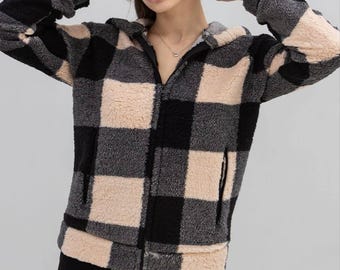 Damen Fleece Karierter Hoodie - Weiche Sherpa Zip Up Jacke | Oversized Winter Pullover XS–XXL