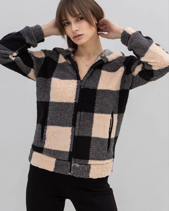 Women's Fleece Plaid Hoodie – Soft Sherpa Zip up Jacket