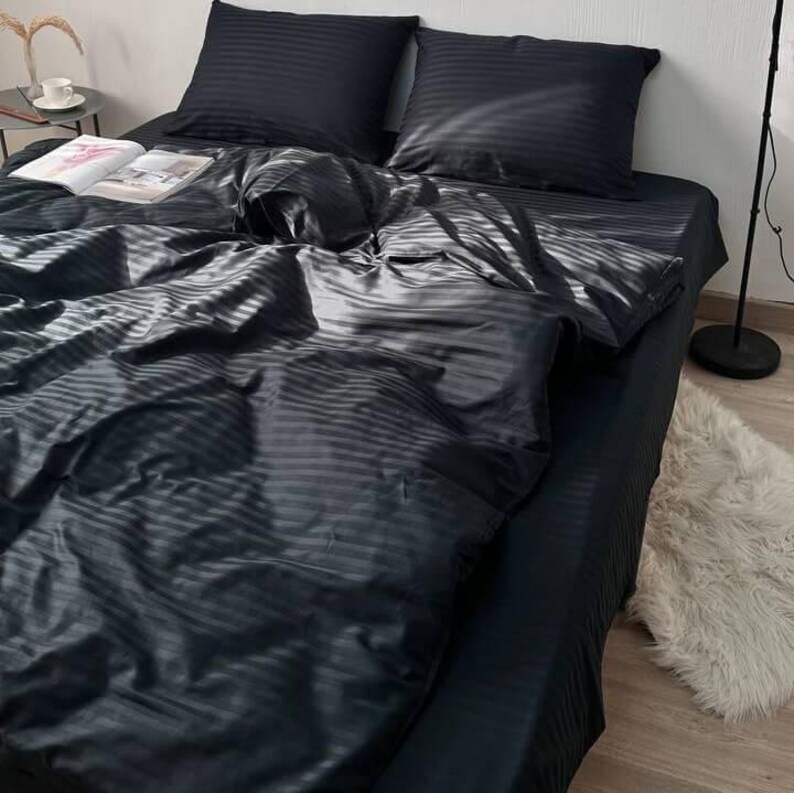 Satin Bedding Set | Soft Luxury Duvet Cover + Sheets + Pillowcases | Twin, Full, Queen Sizes | Gift for Home | Handmade in Ukraine Black