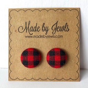 Red and Black Buffalo Plaid Check Fabric Covered Button Hypoallergenic Post Stud Earrings 10mm 1/2 inch image 1