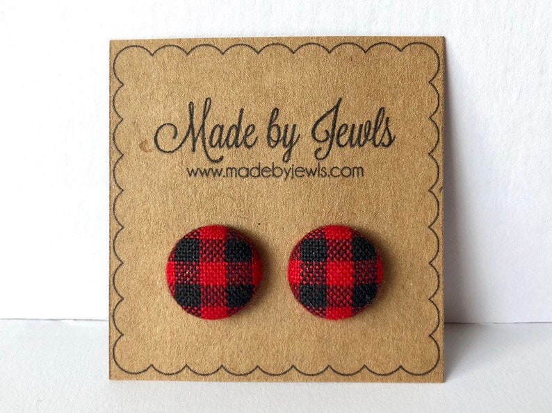 Red and Black Buffalo Plaid Check Fabric Covered Button Hypoallergenic Post Stud Earrings 10mm 1/2 inch image 1