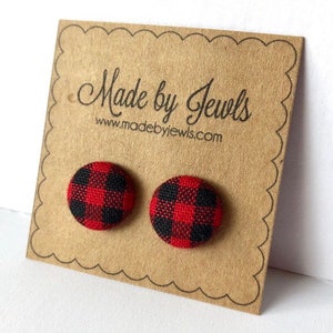 Red and Black Buffalo Plaid Check Fabric Covered Button Hypoallergenic Post Stud Earrings 10mm 1/2 inch image 2