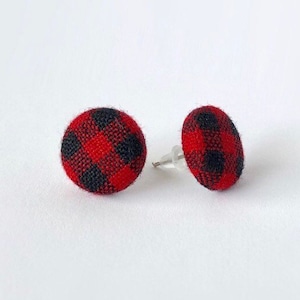 Red and Black Buffalo Plaid Check Fabric Covered Button Hypoallergenic Post Stud Earrings 10mm 1/2 inch image 4