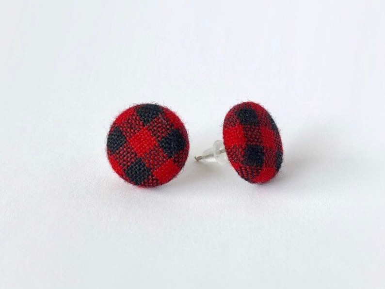 Red and Black Buffalo Plaid Check Fabric Covered Button Hypoallergenic Post Stud Earrings 10mm 1/2 inch image 4