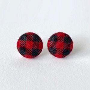 Red and Black Buffalo Plaid Check Fabric Covered Button Hypoallergenic Post Stud Earrings 10mm 1/2 inch image 3