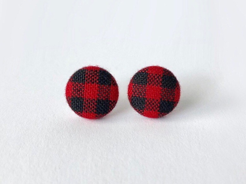 Red and Black Buffalo Plaid Check Fabric Covered Button Hypoallergenic Post Stud Earrings 10mm 1/2 inch image 3