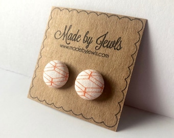 Light Pink and Orange Geometric Stud Post Earrings Handmade Floral Fabric Covered Button Hypoallergenic