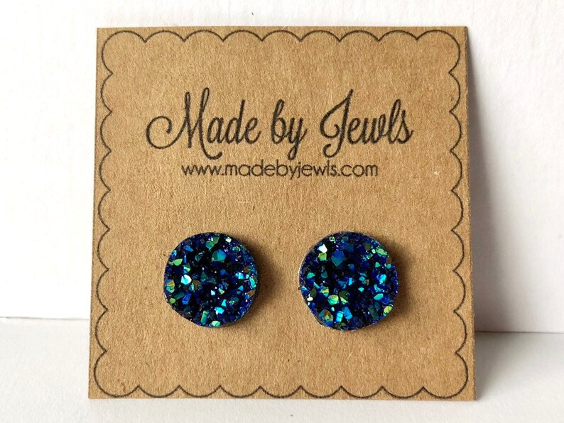 Silver-tone Light Aqua Blue Faux Druzy Stone Stud Earrings 10mm