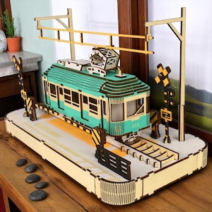 Houten 3D-puzzel Sakura Streetcar – DIY retro tramstationmodel voor kinderen, bureaudecoratie cadeau