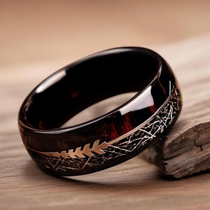 Meteoriet en palissander trouwring, zwarte wolfraam herenring, pijl wolfraamhouten ring, ring met meteoriet, ring voor man, meteorietring