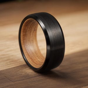 Minimalist black tungsten wooden man&#39;s ring, Whiskey barrel ring for man, Wooden wedding band, Wood ring, Tungsten wedding band, Whisky ring