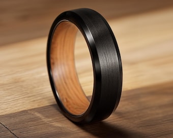 Houten wolfraam trouwring whiskyvat, zwarte wolfraamring voor man, houten ring, houten herenring, whiskyvatring, wolfraamband