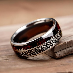 Silver Meteorite Wedding Band – Unique Rosewood Inlay Groom Ring – Tungsten Promise Band | REMEMBRANCE
