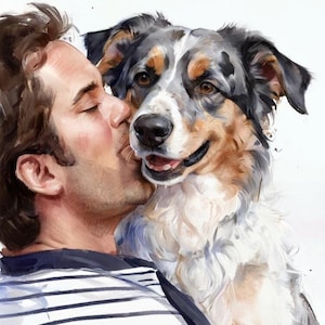 Ritratto di cane e proprietario, Dipinto ad acquerello di animale domestico e proprietario, Memoriale per cane, Dipinto per proprietario di animale domestico, Regalo per amante dei cani, Regalo per la perdita di un animale domestico, Cane personalizzato