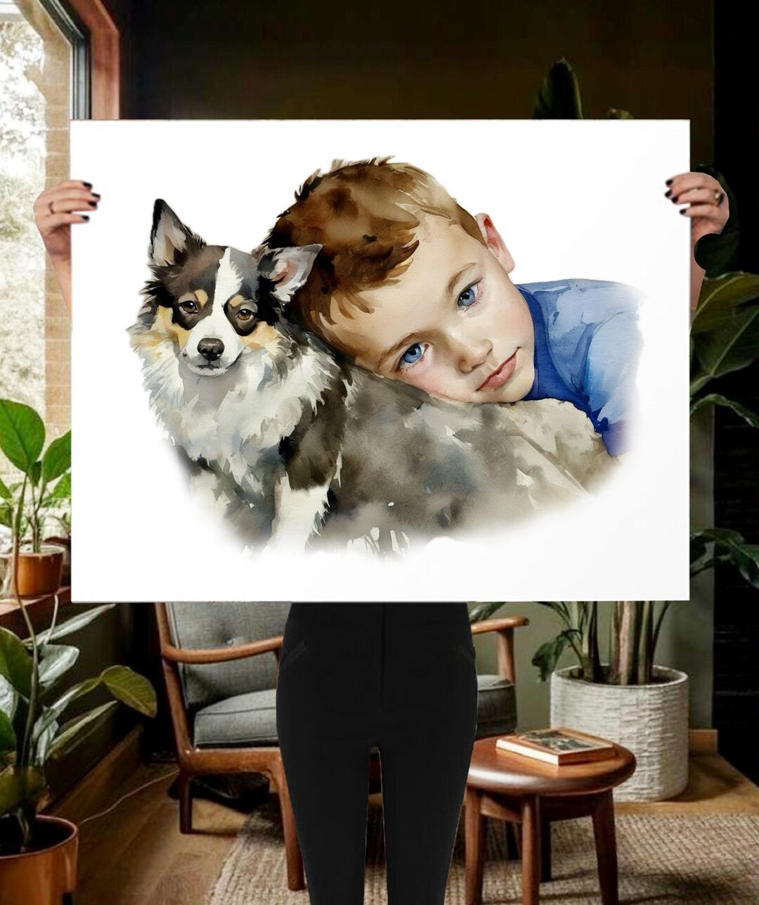 Custom Watercolor Dog Portrait With Boy: Pet Memorial Painting - Etsy