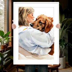 Handgeschilderd aquarel portret van hond en baasje: gepersonaliseerd huisdiermonument