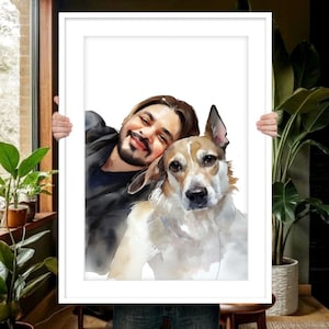 Custom dog portrait with owner, Watercolor dog painting,Dog memorial,Dog painting with owner, Dog lover gift,Pet loss gift,Pet memorial