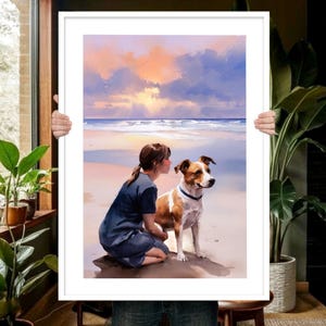Ritratto personalizzato di cane, dipinto ad acquerello di cane, memoriale di cane, dipinto di cane con il proprietario, cane sulla spiaggia del mare, regalo per la perdita di un animale domestico per lei, memoriale di un animale domestico