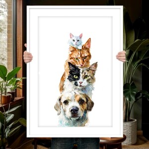 Watercolor multi pet portrait painting Multi dog painting Custom pet portrait from photo Four pet painting 4 dogs painting Pet loss gift