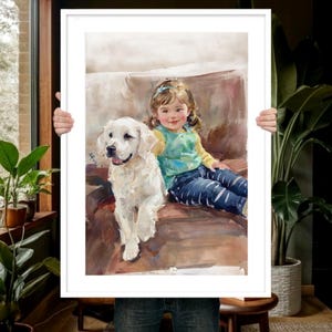 Ritratto personalizzato di cane con bambino, dipinto ad acquerello di cane, memoriale di cane, ritratto di cane dipinto a mano, regalo per amanti dei cani, regalo per la perdita di un animale domestico, regalo commemorativo di un animale domestico