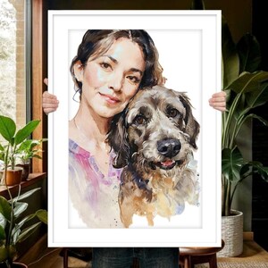 Custom dog portrait with owner, Watercolor dog painting,Dog memorial,Dog painting with owner, Dog lover gift,Pet loss gift,Pet memorial