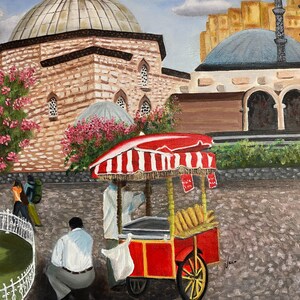 oryginalny obraz olejny, Stambuł, Türkiye, meczet, wózek, scena realistyczna, dekoracja, postacie, miejskie, płótno galerii