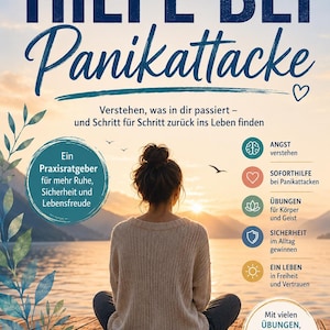 Puede incluir: Una portada de libro titulada HILFE BEI Panikattacke que muestra a una persona sentada en un muelle de madera frente a una puesta de sol sobre el agua. La portada incluye texto sobre cómo entender los ataques de pánico y ejercicios prácticos.