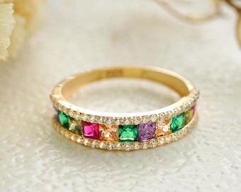 14k Solid Gold Rainbow CZ Eternity Band: Pride Stacking Ring