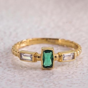 14K Solid Gold Emerald Ring, Baguette Diamond Dainty Ring, Minimalist Gold Stacking Ring, May Birthstone Gift, Gift for Her