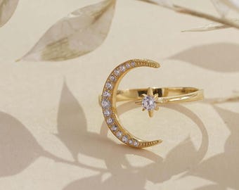 14K Solid Gold Crescent Moon Star Ring: Dainty Celestial Jewelry