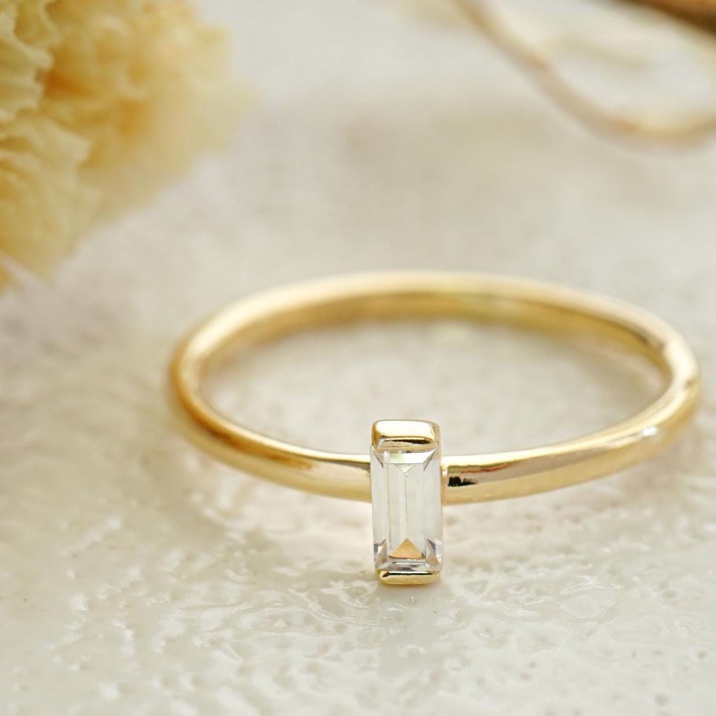 14k Gold Ring, Baguette Ring, Gold Dainty Stacking Ring, Simple Engagement Ring, Everyday Jewelry Gift, Minimalist Gold Ring, Gift for Her