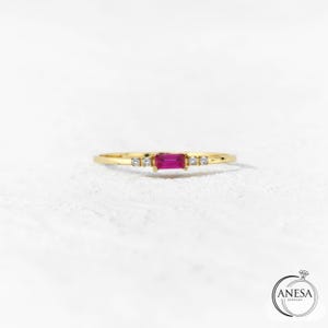 14K Solid Gold Ruby Ring with Side Stones – Baguette Cut July Birthstone Ring – Dainty Minimalist Ruby Ring in 3 Gold Colors, Gift for Her