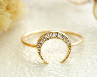 14K Solid Gold Crescent Moon Ring: Dainty Stacking Jewelry