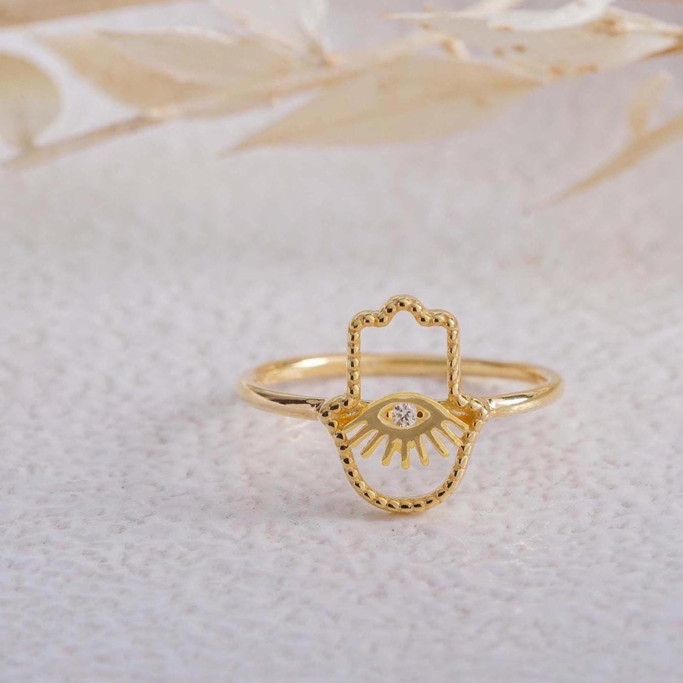 14K Solid Gold Hamsa Ring: Dainty Evil Eye Protection Jewelry