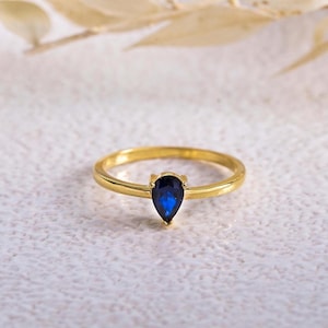 14k Gold Sapphire Ring, Pear Cut Blue Sapphire Dainty Ring, Minimalist Gemstone Women’s Ring, Elegant Jewelry for Engagement, Gift for Mom