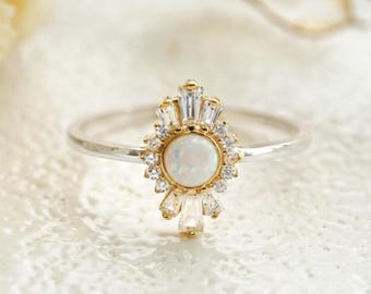 10k White Gold Opal Sunburst Ring: Dainty October Birthstone