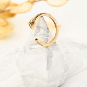 14K Gold Snake Ring: Emerald Eyes, Elegant Serpent Jewelry