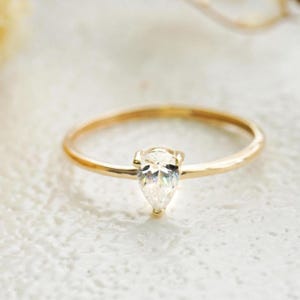 14K Solid Gold Pear Ring: Dainty Minimalist Engagement Jewelry