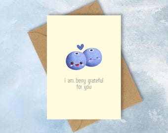 BLUEBERRY CARD, I Am Berry GRATEFUL, Teachers Gifts Card Berry Pun Greeting Modern Minimalist Card, Kraft Envelope Greeting Card