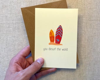 BDAY SURFING CARD, Funny Surf Pun Card, You Desurf The World, Ocean Beach Surf Lover Greeting Funny Birthday Card, Modern Postcard