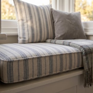 Window Seat Cushion Custom Size, Striped Linen Bench Cushion, Reading Nook Cushion, Built In Banquette Seat Pad
