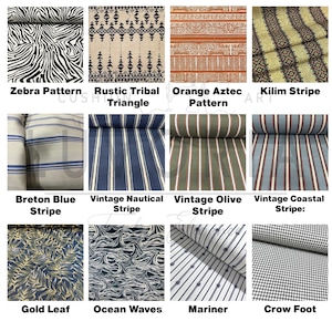 May include: A grid of twelve fabric swatches featuring various patterns including zebra stripes, tribal triangles, orange geometric shapes, kilim stripes, blue and olive vertical stripes, gold leaves, ocean waves, mariner motifs, and houndstooth.