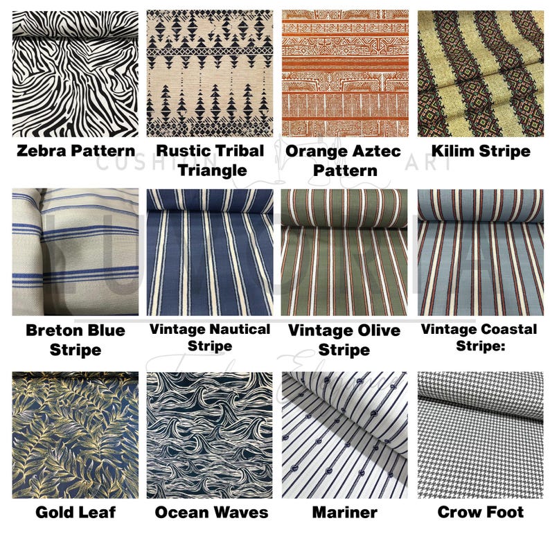 May include: A grid of twelve fabric swatches featuring various patterns including zebra stripes, tribal triangles, orange geometric shapes, kilim stripes, blue and olive vertical stripes, gold leaves, ocean waves, mariner motifs, and houndstooth.